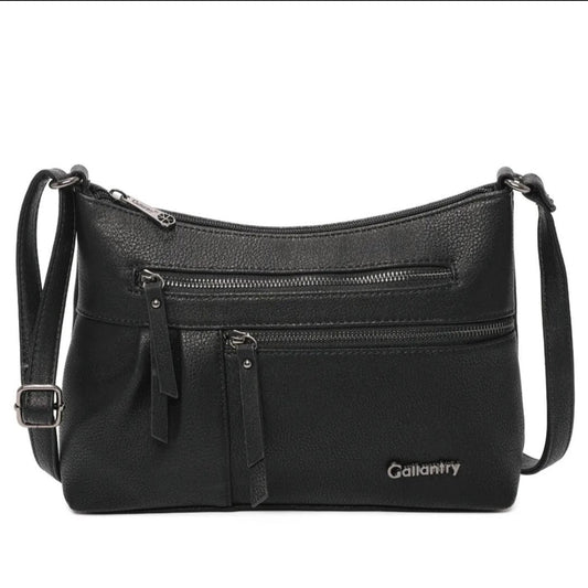 Sac bandoulière noir Gallantry en simili cuir, multi poches zippées, bandoulière réglable, style pratique et élégant pour femme active – Timalya.
