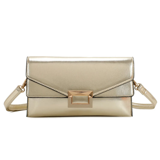 Sac à main Gallantry doré au format enveloppe, avec boucle dorée décorative, bandoulière amovible et fermeture à rabat, style chic et structuré pour femme