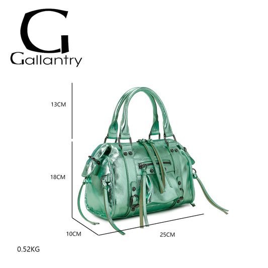 Sac à main femme vert métallisé Gallantry petit format avec anses rigides, bandoulière réglable, poches zippées, détails boucles et lanières – Style élégant et chic – Timalya.