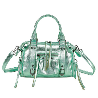 Sac à main femme vert métallisé Gallantry petit format avec anses rigides, bandoulière réglable, poches zippées, détails boucles et lanières – Style élégant et chic – Timalya.