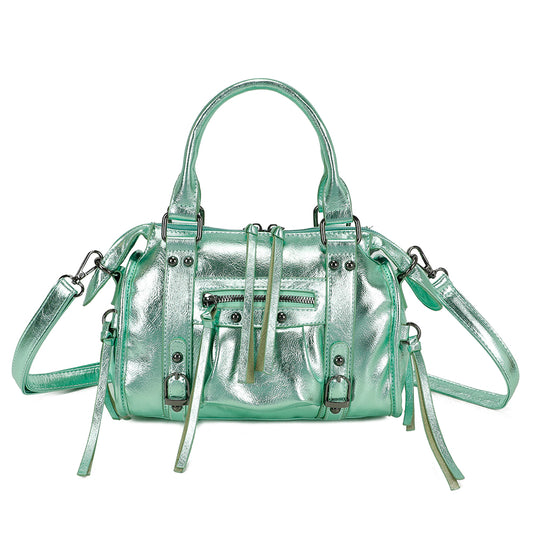 Sac à main femme vert métallisé Gallantry petit format avec anses rigides, bandoulière réglable, poches zippées, détails boucles et lanières – Style élégant et chic – Timalya.