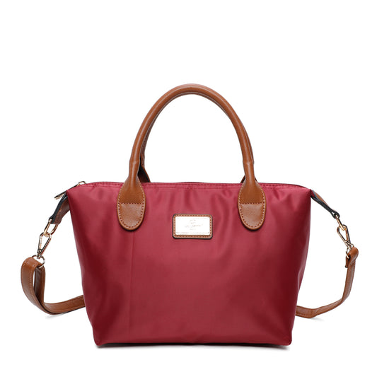 Sac à main Gallantry bordeaux pour femme, avec anses marron, bandoulière amovible, format moyen 27 cm, design élégant et pratique