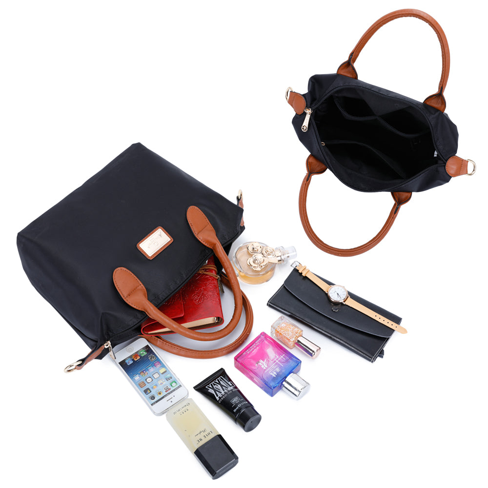 Sac à main Gallantry noir pour femme, avec anses marron, bandoulière amovible, format moyen 27 cm, design élégant et pratique