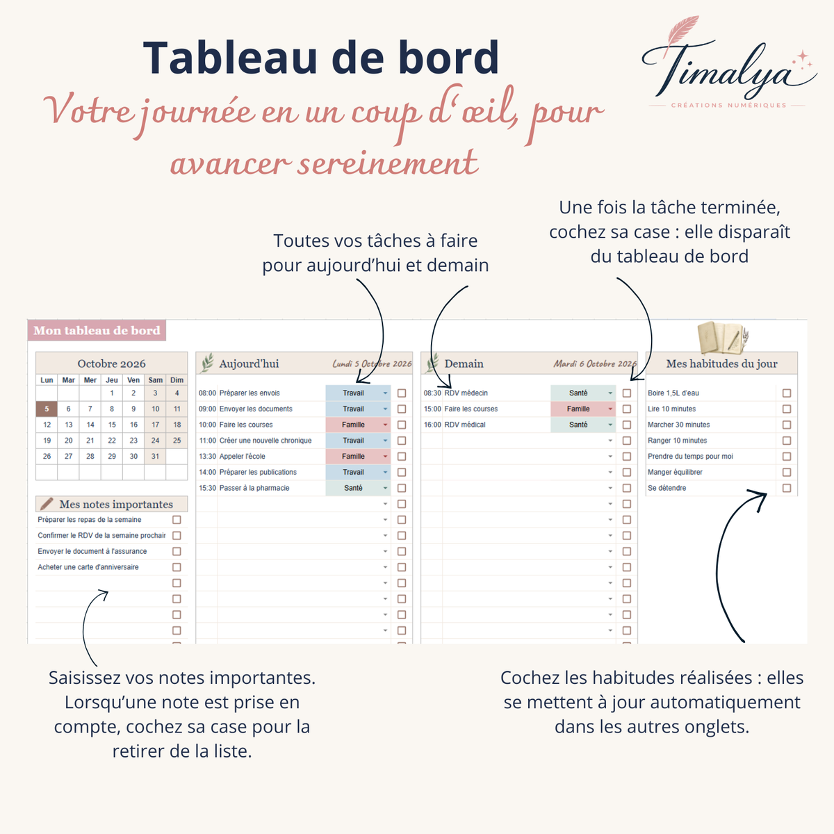 Tableau de bord d’un agenda Google Sheets avec tâches du jour et du lendemain, notes importantes, cases à cocher et suivi quotidien des habitudes.