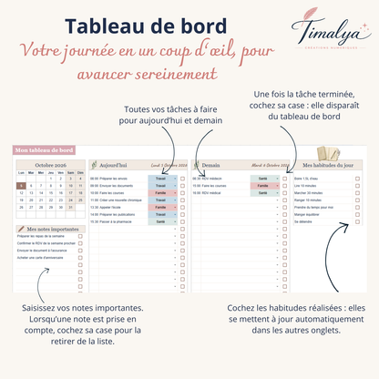 Tableau de bord d’un agenda Google Sheets avec tâches du jour et du lendemain, notes importantes, cases à cocher et suivi quotidien des habitudes.