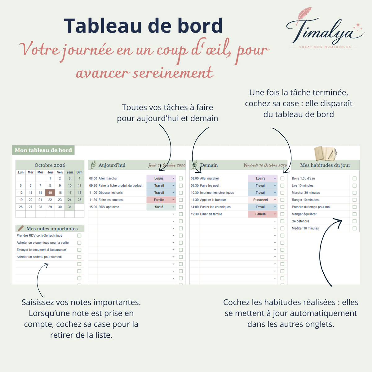 Aperçu du tableau de bord de l’agenda Google Sheets, avec les tâches du jour et du lendemain, les notes importantes et le suivi des habitudes.