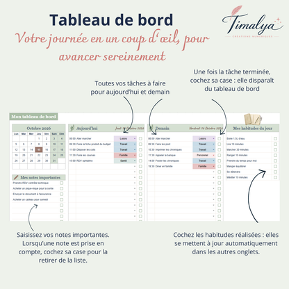 Aperçu du tableau de bord de l’agenda Google Sheets, avec les tâches du jour et du lendemain, les notes importantes et le suivi des habitudes.