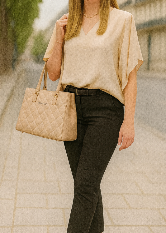 Top fluide beige col V à manches papillon, coupe droite fluide, 100 % polyester, taille unique 36–42, fabrication Italie – élégant et confortable