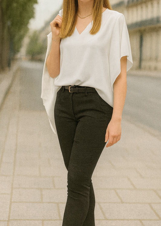 Top fluide blanc col V à manches papillon, coupe fluide droite, 100 % polyester, taille unique 36-42, fabrication Italie – élégant et moderne