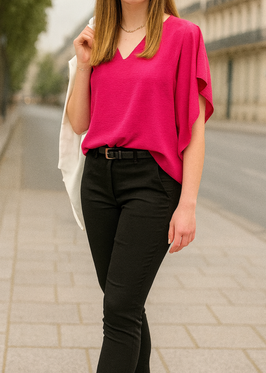 Top fluide fuchsia col V à manches papillon – coupe fluide, polyester, taille unique 36‑42, fabriqué en Italie