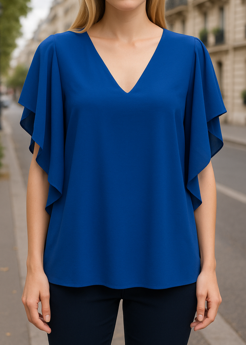 Top fluide femme bleu roy avec manches volantées, col V, coupe élégante et légère, taille unique du 36 au 42