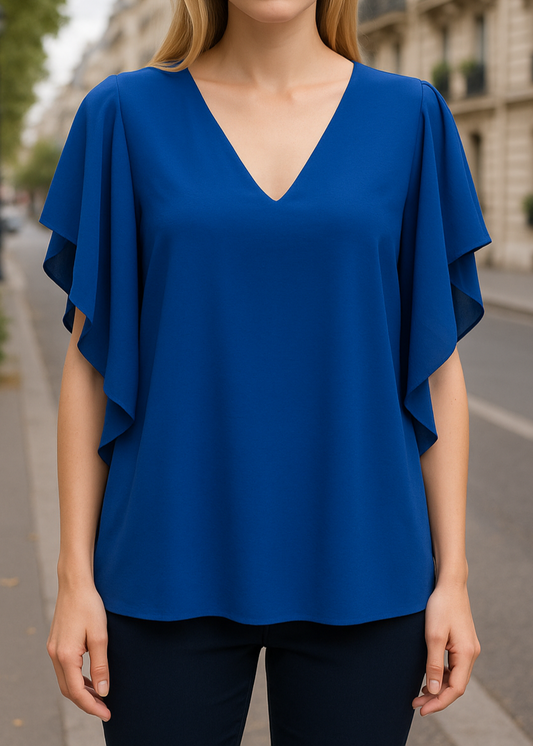Top fluide femme bleu roy avec manches volantées, col V, coupe élégante et légère, taille unique du 36 au 42