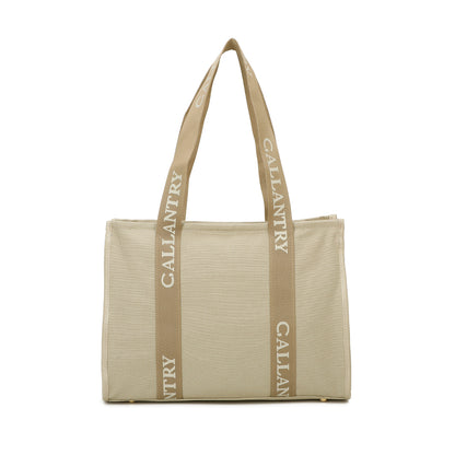 Grand tote bag Gallantry beige et taupe pour femme, en toile résistante, avec anses logotypées, fermeture zippée et base rigide dorée – pratique, tendance et spacieux