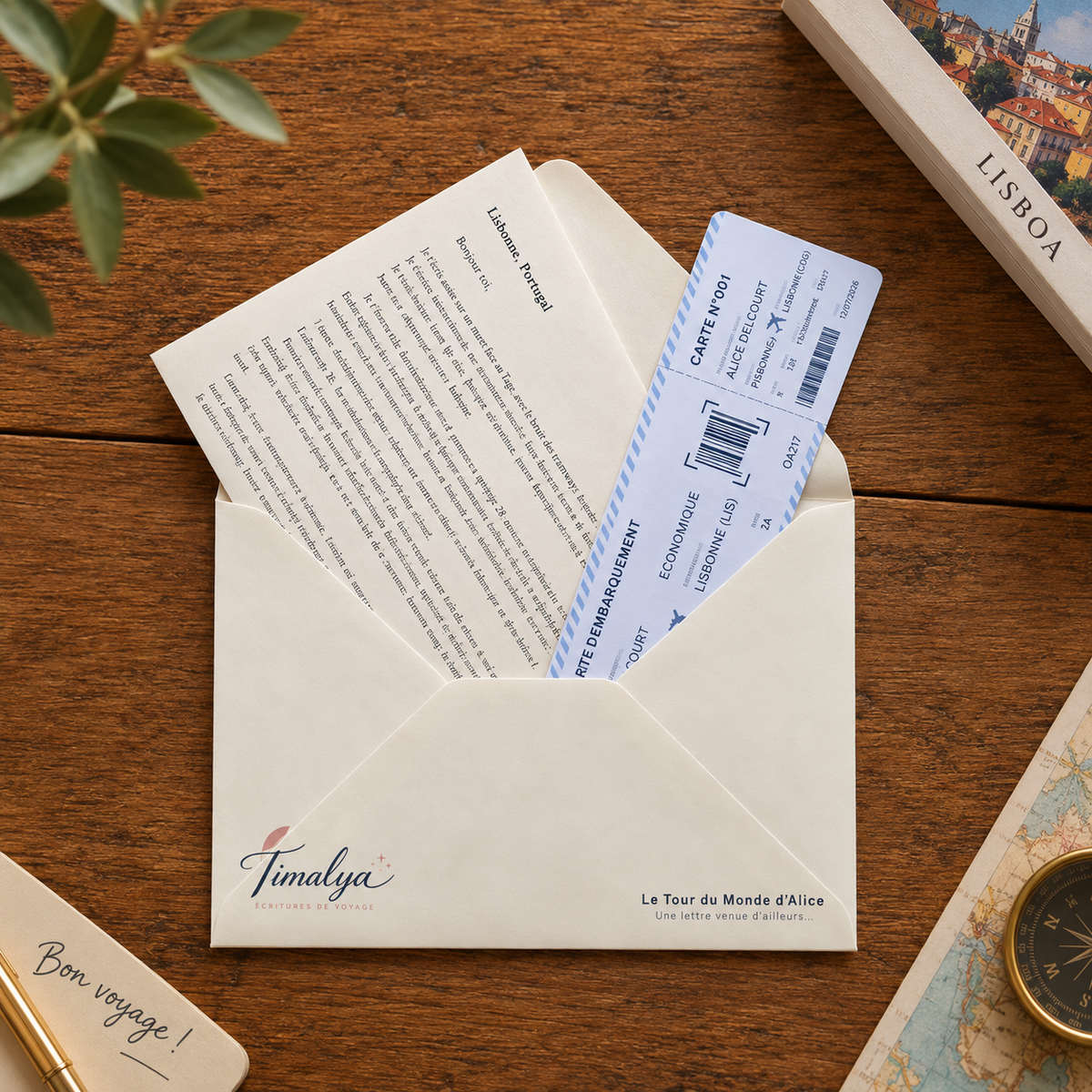 Enveloppe du Tour du monde d’Alice contenant la lettre de Lisbonne et son billet d’avion.