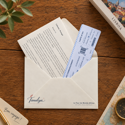 Enveloppe du Tour du monde d’Alice contenant la lettre de Lisbonne et son billet d’avion.
