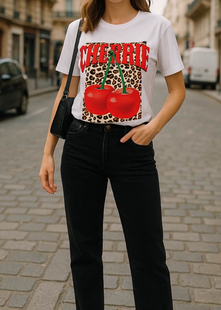 T-shirt blanc “CHERRIES” en lettres rouges avec cerises XXL sur fond léopard, coupe droite confortable, 95 % coton 5 % élasthanne, tailles S/M 36-38 et M/L 40-42, fabriqué en Chine, style rétro-pop fun