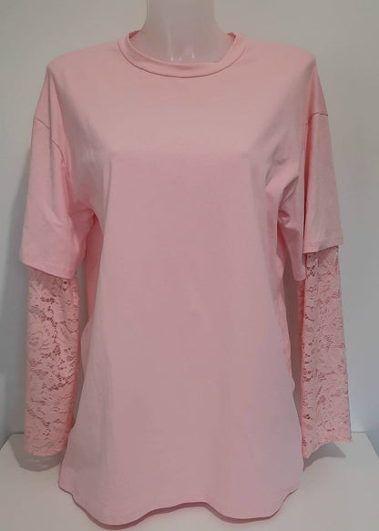 T-shirt rose taille unique 36-44 avec empiècement en dentelle, style casual, fabrication Italie