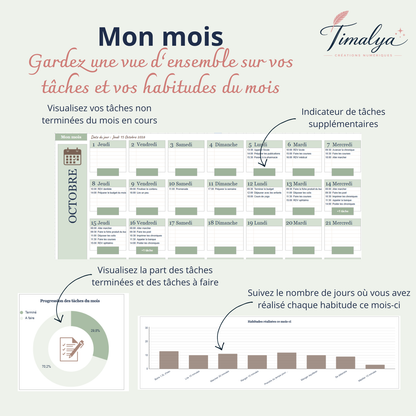 Aperçu de l’onglet « Mon mois » de l’agenda Google Sheets, avec les tâches restantes et des graphiques de progression des tâches et des habitudes.